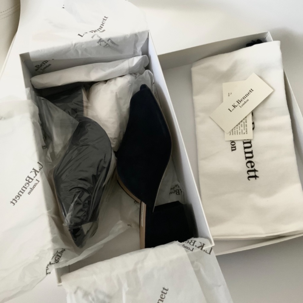 L. K. Bennet Navy Suede Jagoda Mule Heel Sandals - Picture 5 of 8